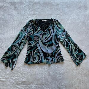 CATO RETRO SWIRL BELL-SLEEVE BLOUSE